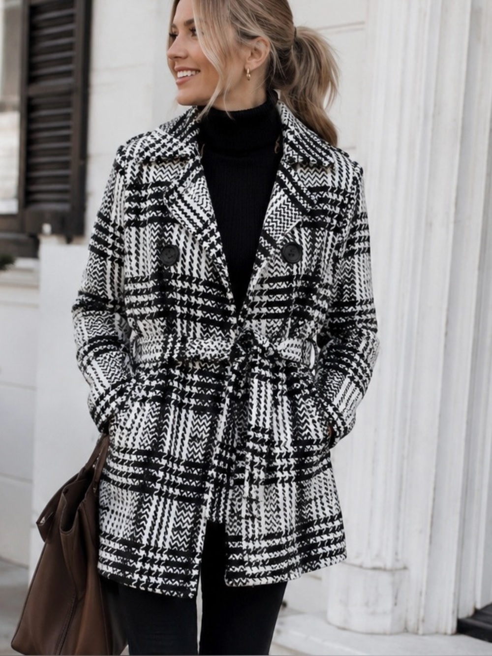 Me Jane Women’s Black White Houndstooth Plaid Double Breasted Peacoat XS Preppy